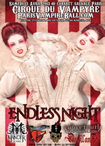 Official poster for the 2013 "Endless Night" festival. Image includes two women with bright red hair and makeup and white costumes and fangs.  