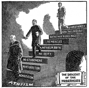 A cartoon of a man walking down a stairwell progressively passing each point that turns christianity into agnosticism.  Each step is another characteristics that needs to change to evolve christianity into agnosticism. 