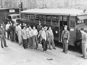 Black and white photo of Pachucos under arrest standing along a prison bus waiting to be loaded on my officers.