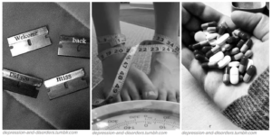 Three images, the one on the left with four razor blades saying "Welcome back, did you miss me?," the one in the middle showing feet on a scale with a measuring tape wrapped around the ankles, and the one on the right is a hand full of pills.