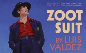 Cropped colored poster for the play "Zoot Suit" by Luis Valdez with "el Pachuco" staring upward with his hands in his trousers