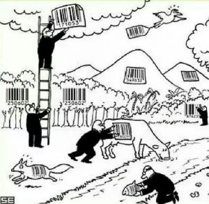 Comic depicting men in suits placing bar codes over pieces of nature, representing how common items can be turned for a profit