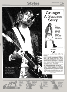 Cover page of "Grunge: A Success Story," an article about the "success" of grunge, featuring prominently an image of Kurt Cobain