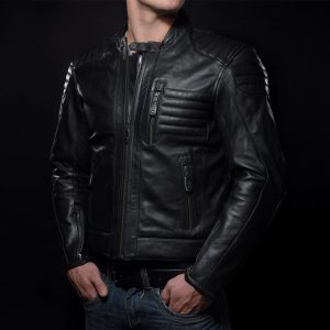Model wearing a leather motorcylce jacket