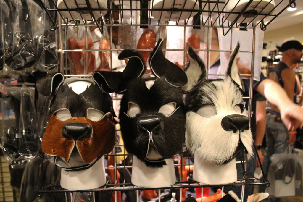 Three different pup hoods displayed in a row at a store. The left one is black with a brown muzzle, the middle one is all black with curled ears, and the right one is mostly white with black, resembling a husky.