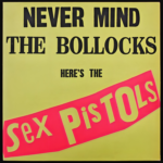 Graphic from British Punk band The Sex Pistols. Stating in varying font styles "Never mind the bollocks here's the Sex Pistols", with the band title being juxtaposed to the rest and in highlighter pink.