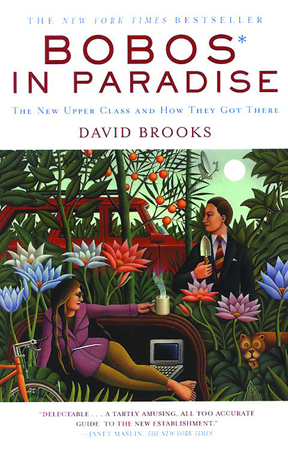 book cover for Bobos in Paradise by David Brooks, featuring a whimsical, fresco-like portrait of well-dressed man and woman, in front of a car, with a a bicycle nearby, surrounded by thick jungle-like vegetation and a big cat in the grasses nearby