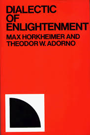 book cover for Dialectic of Enlightenment by Horkheimer and Adorno. A simplistic cover with large black boxy text on a tangerine background, with a white square containing a the top right quarter of a black circle sitting in the bottom left-hand corner.