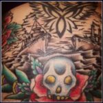 Three closeups of tattoos in traditional style, depicting sailors, ships, roses, and skulls.