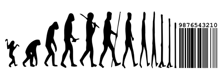 Image depicting a line of silhouettes of a human being evolving from a monkey to a man and eventually becoming thinner and thinner to resemble a barcode.