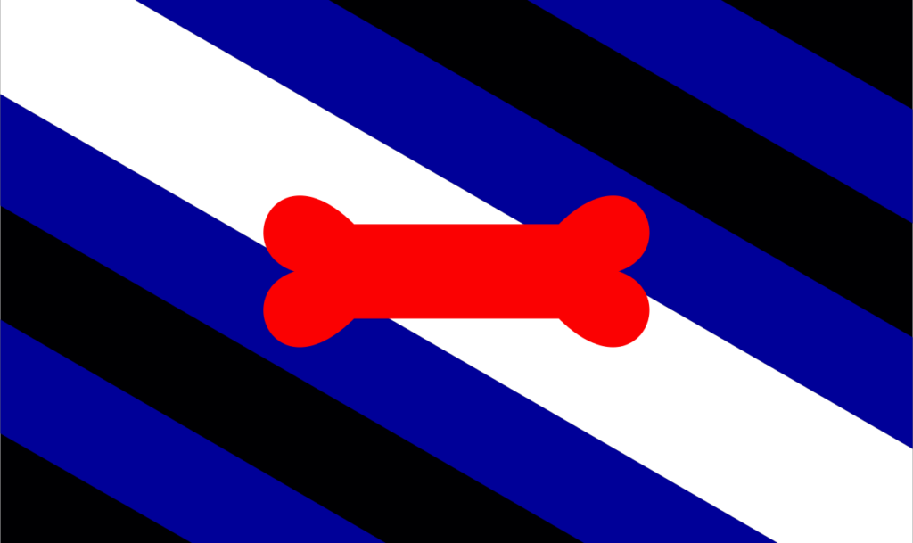 Flag with diagonal black and dark blue stripes, a thick diagonal white stripe in the middle, and a bright red bone symbol in the center.