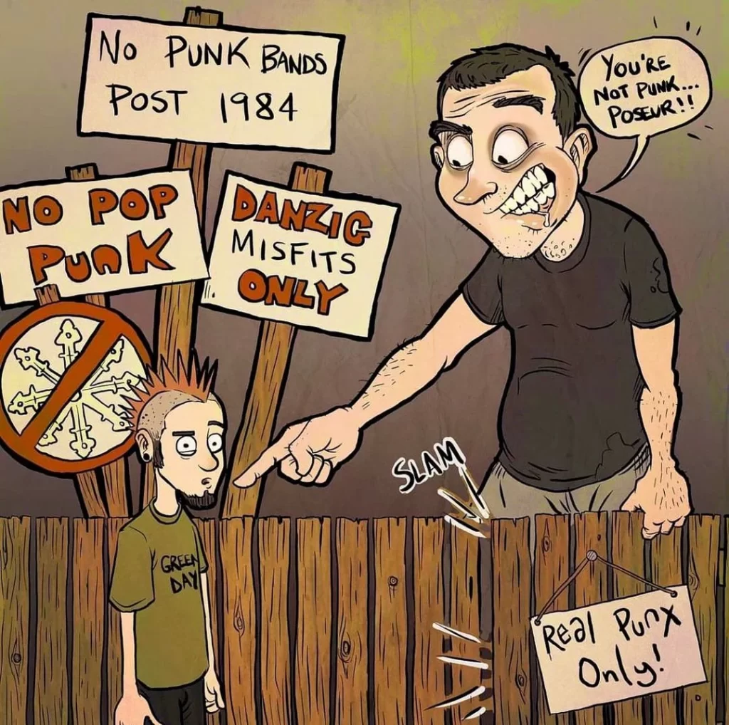 spike-haired punk verbally castrated by a visually-unhinged man standing atop a fence covered in signs for rules to real punk, calling the spike-haired one a poseur.