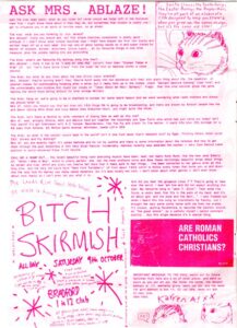 A riot grrrl poster with an advice column written by Mrs. Ablaze, an announcement of a show, and doodles all around.